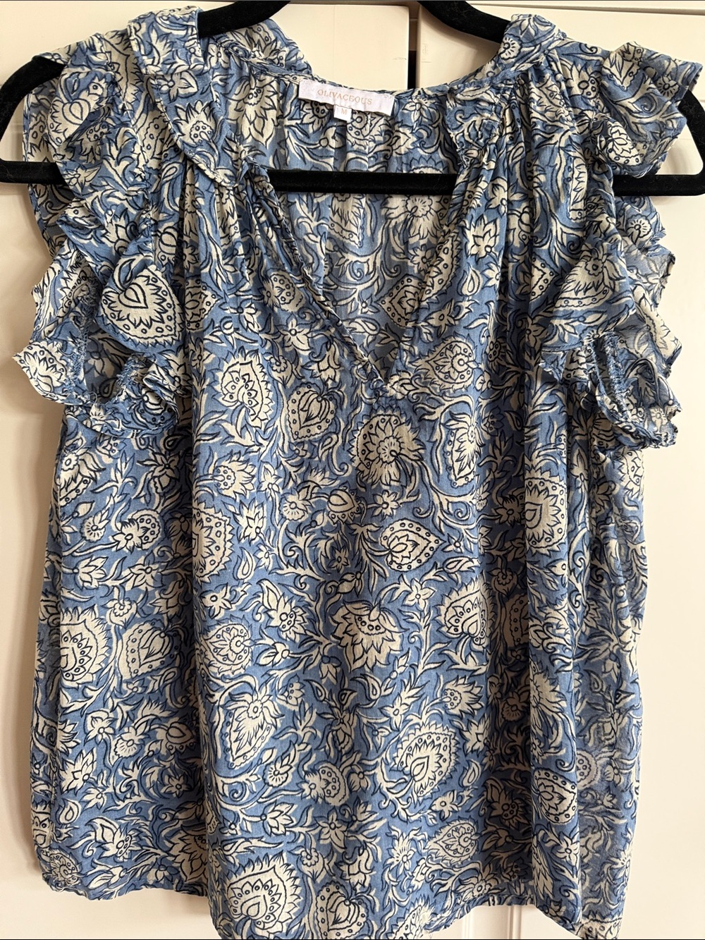 Olivaceous Blue and White Paisley Ruffle Sleeve Blouse